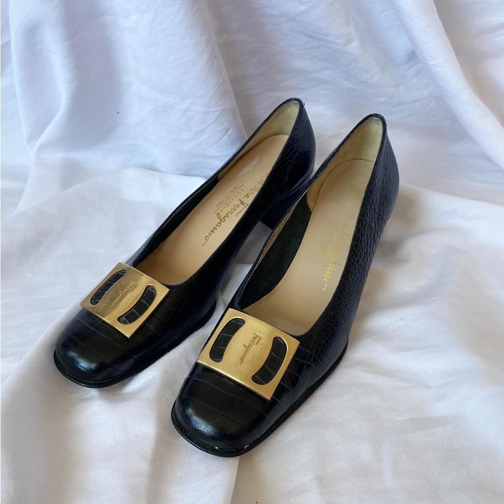 Salvatore Ferragamo Black Heels with Gold Buckle